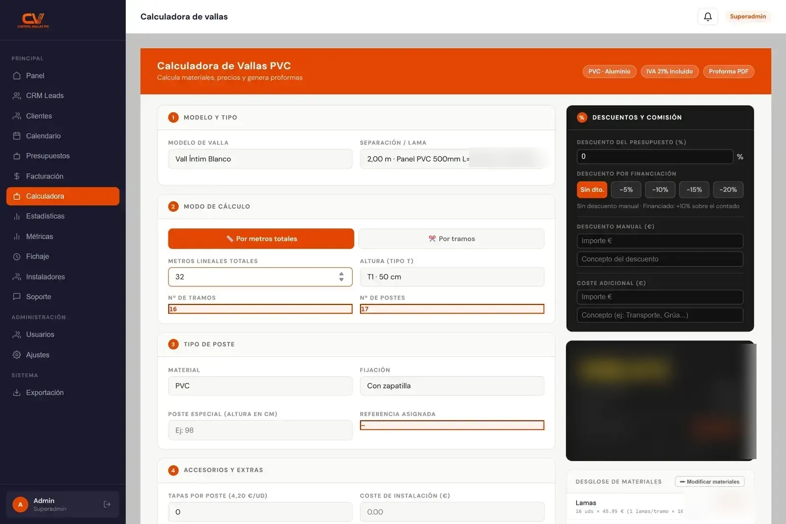 Calculadora de presupuestos del CRM Gestavin