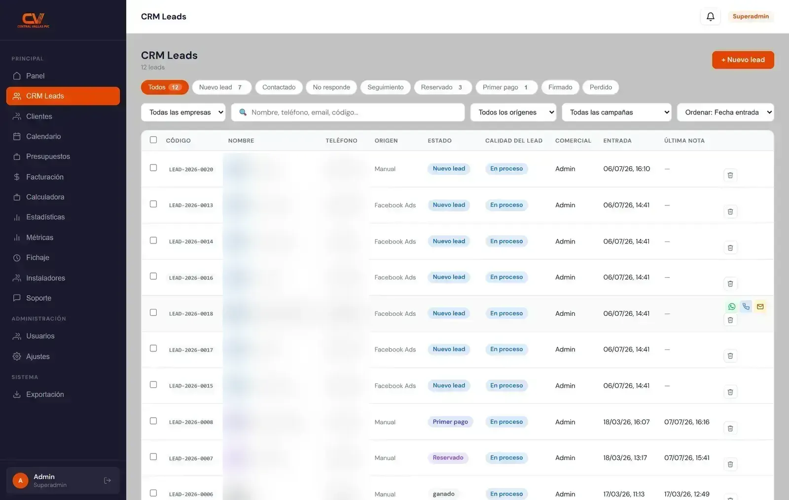 Listado de leads del CRM Gestavin
